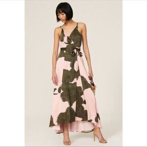 Anthropologie Hutch Leah Pink And Green Printed Satin Wrap Maxi Dress SZ XL NWT